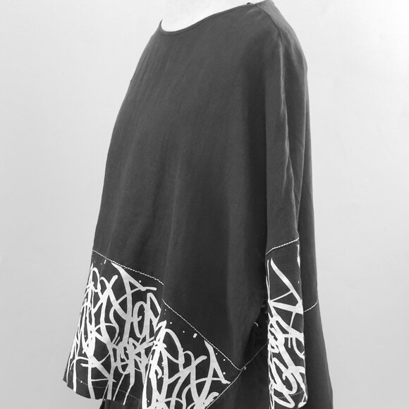 Black Linen Top and Harem Pants Set with White Print & Embroidery New XL or sz 3 - Picture 10 of 16